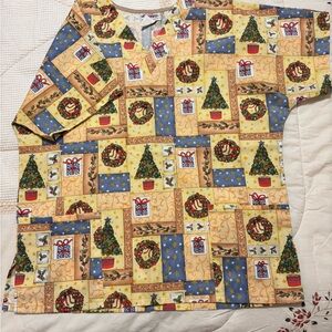 Festive Holiday Print Scrub Top